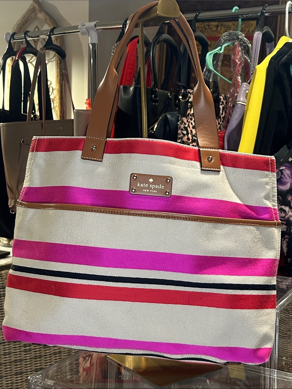 kate spade canvas tote with pink, fuchsia, red, tan and white stripes